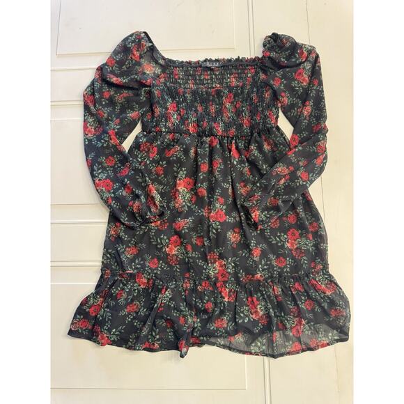 Trixxi Black Floral Chiffon Semi Sheer Long Sleeve Dress Size M - Picture 1 of 6